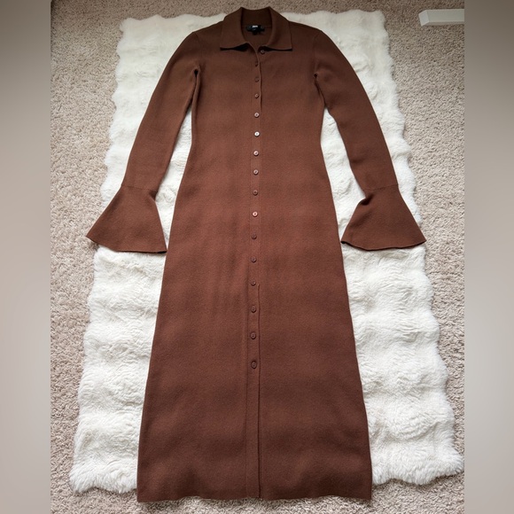 PAIGE Sundara Slim Chocolate Brown Long Sleeve Organic Cotton Midi Dress-S - Picture 11 of 16